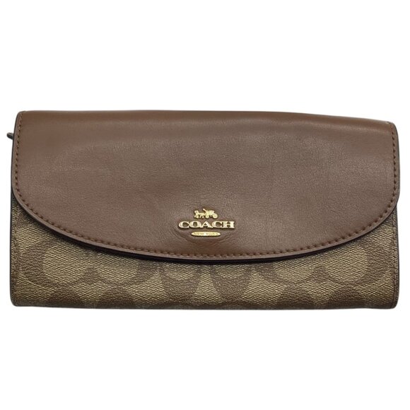 Coach Brown Leather Signature Canvas Wallet Clutch Snap Closure Zip Pocket - Picture 1 of 6